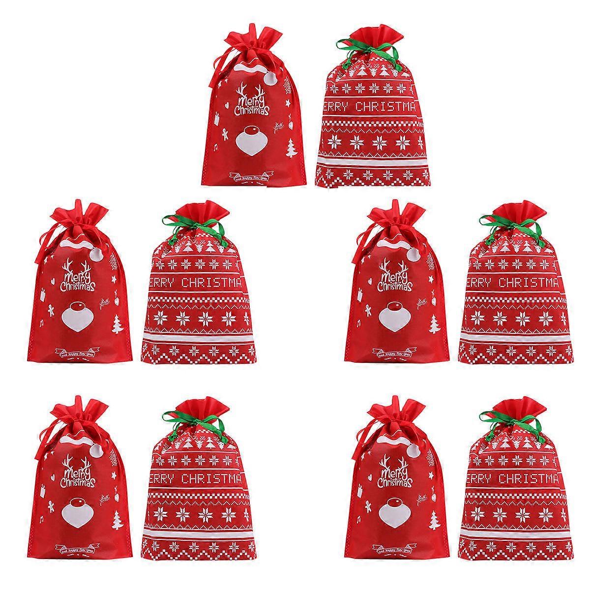 Christmas Drawstring Gift Bag Ribbon for Storage 10Pcs Red Non-Woven