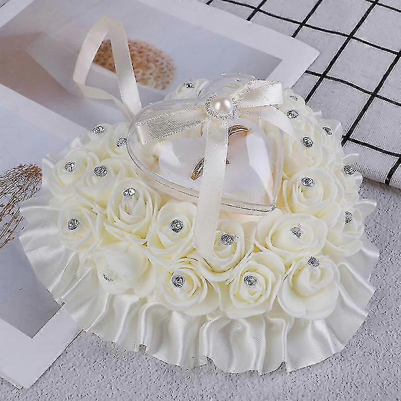 أبيض خاتم الزفاف وسادة شكل القلب الزفاف خاتم مربع الدانتيل كريستال روز الزفاف