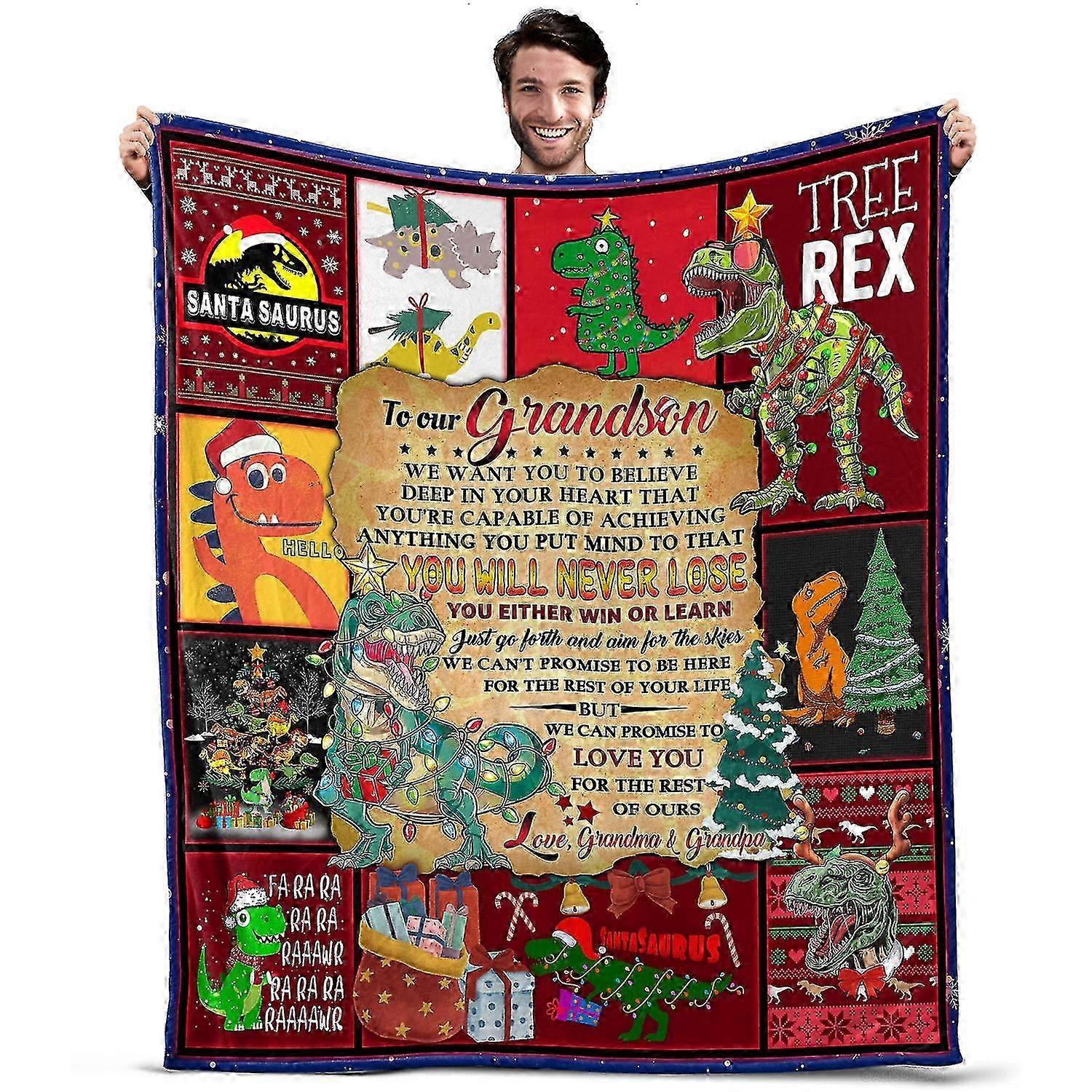 Oasisdream Lightweight and Smooth Blanket for Grandson with Dinosaurs and Christmas Trees Print