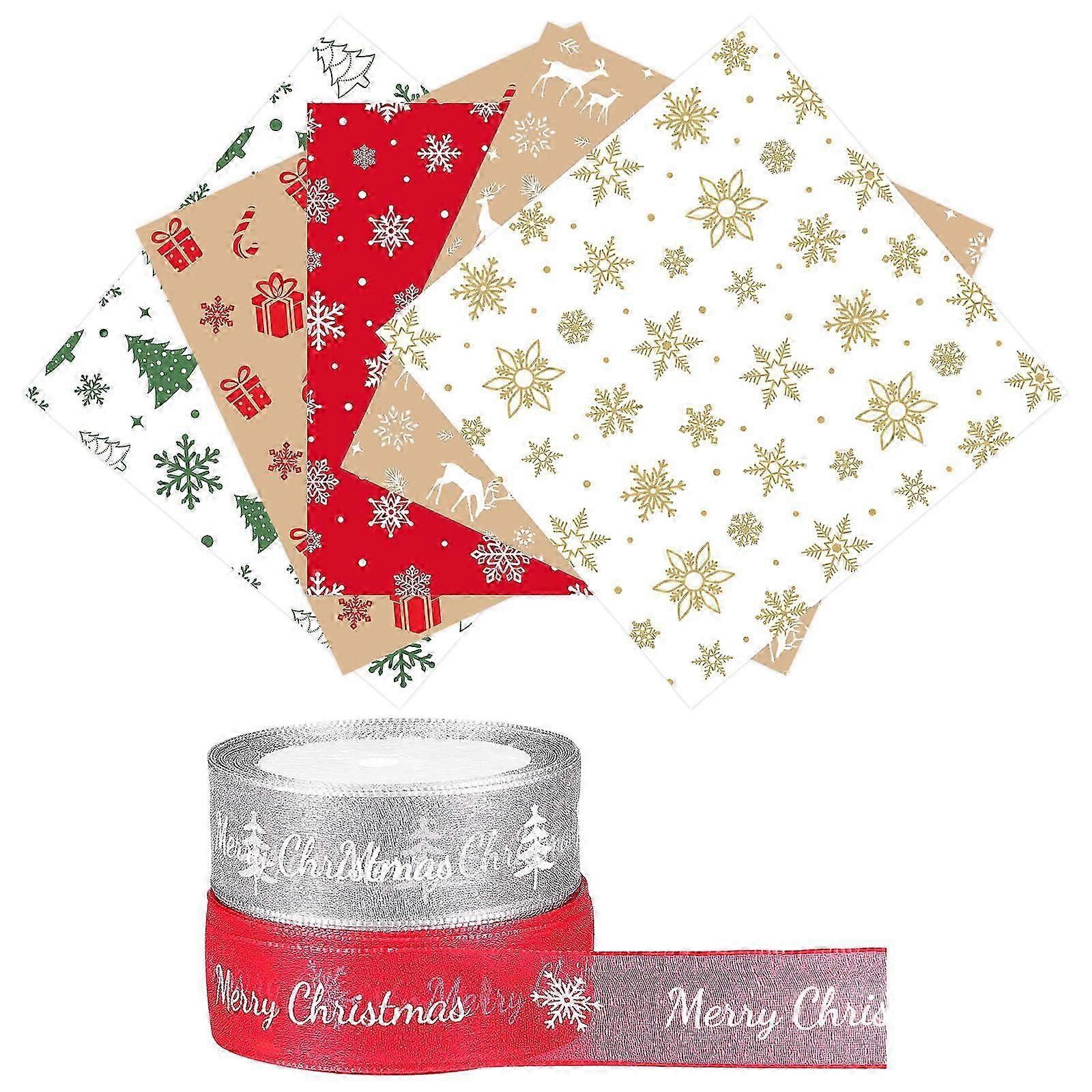 2 Rolls Christmas Wired Ribbon Xmas Organza Sheer Ribbon 25mm With 50 Pieces Christmas Wrapping Tissue Paper, 20m/ 22 Yards Christmas Ribbons For