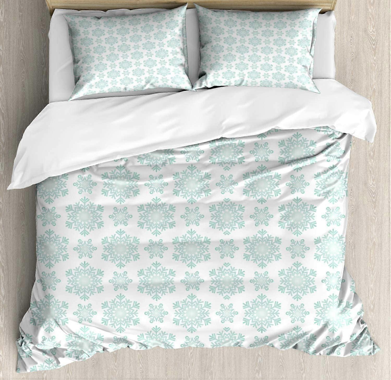 Snowflake Duvet Cover, Winter Theme Snow Pattern Vintage Abstract Line Art Star Shapes 3 Pcs Bedding Set with 2 Pillowcases, Mint White