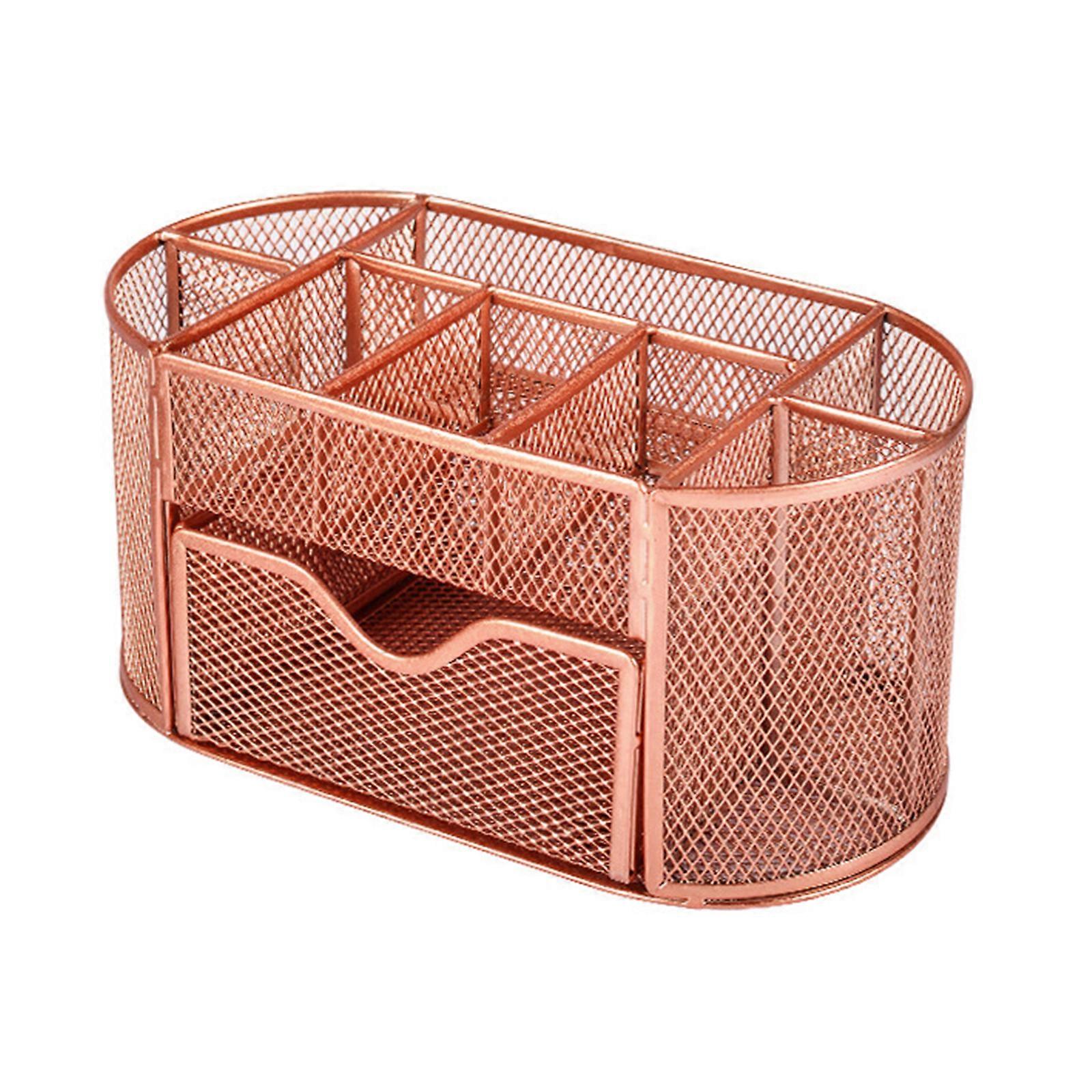 Multiple Compartment Metal Net Desktop Planner For Pencils Office Materials With Ventilated Plan And Large Capacity  Rose Gold