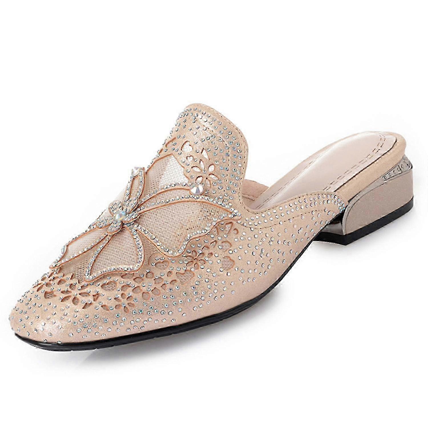 Womens Rhinestones Glitter Bow Mesh Mules Summer Closed Square Toe Backless Slip on Slippers Bohemia
