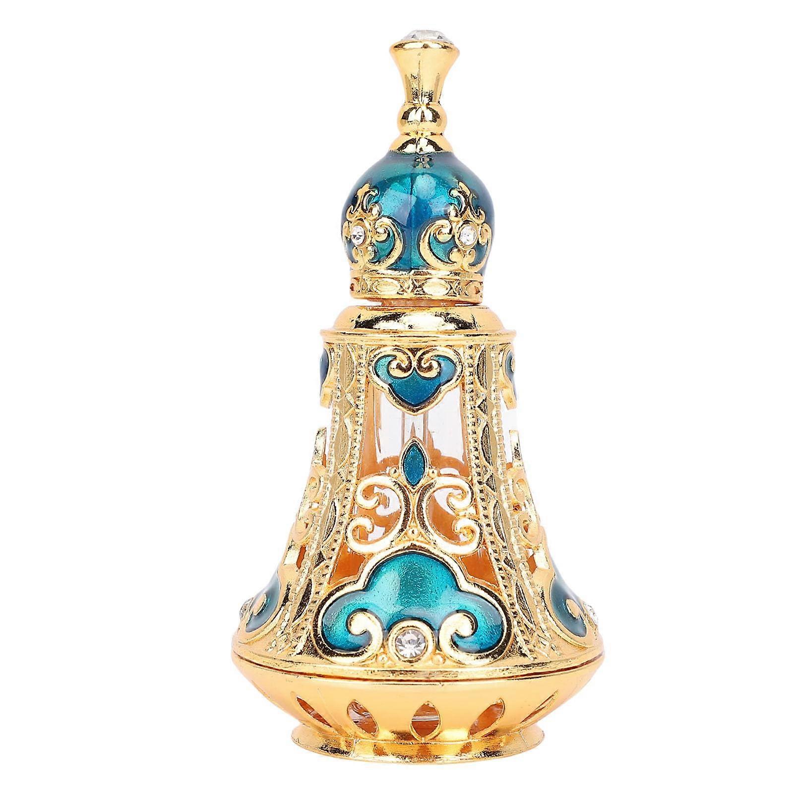 Vintage Metal Perfume Bottle with Elegant Middle Eastern Design, Refillable Essential Oil Container Gold Blue