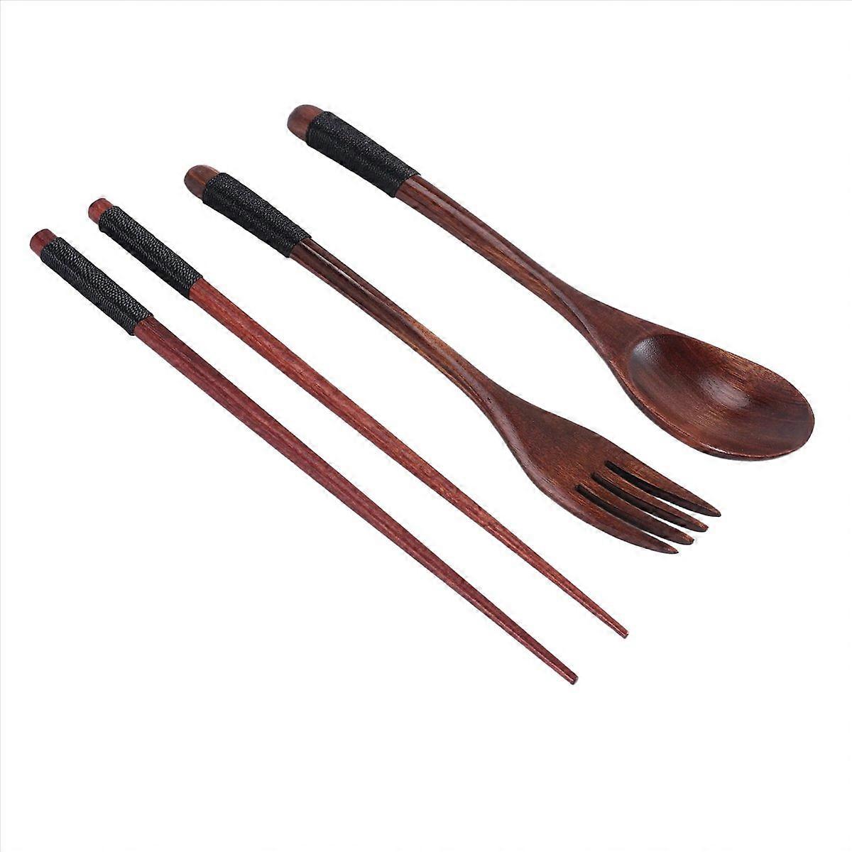 Wooden Flatware Set, Chopsticks Spoon Fork with Black Twining Thread