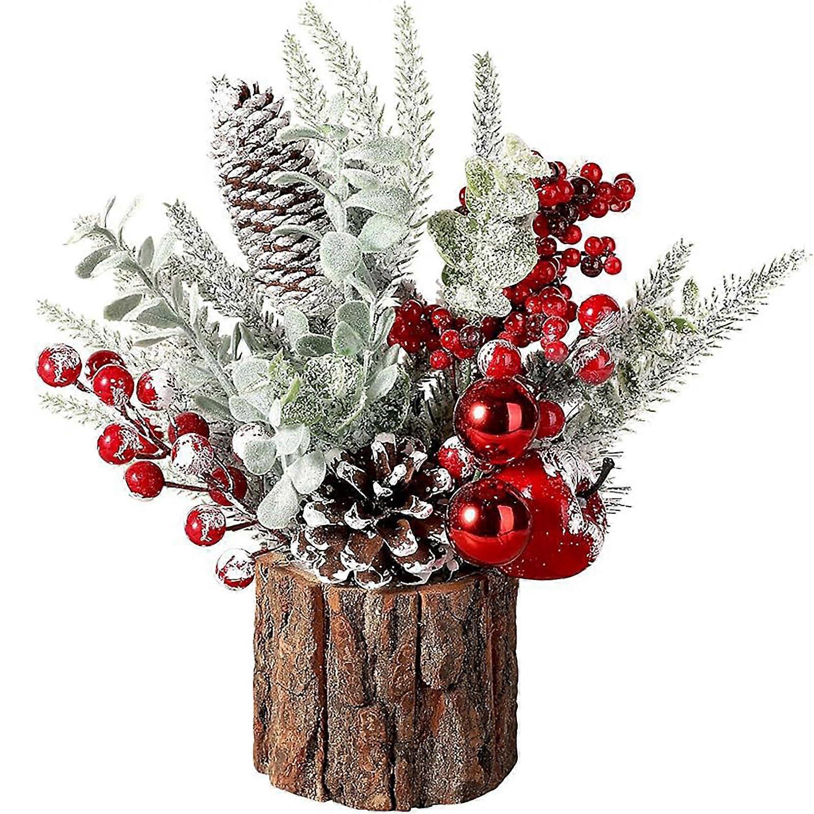 Tabletop Christmas Tree 11 Inch with Frosted Branches Red Berries Pinecones and Wooden Base Decor