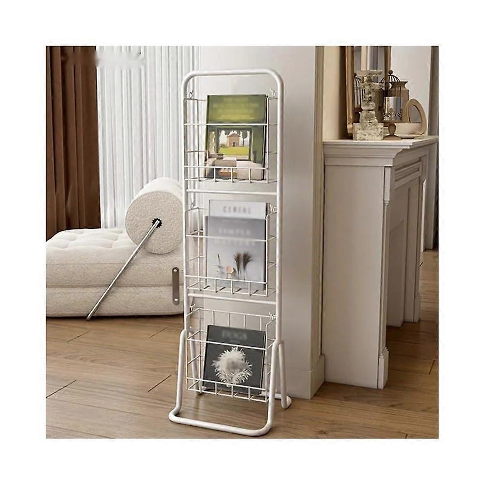 White FloorStanding Magazine Rack with Stable MultiLayer Office Storage and Iron Display Shelf