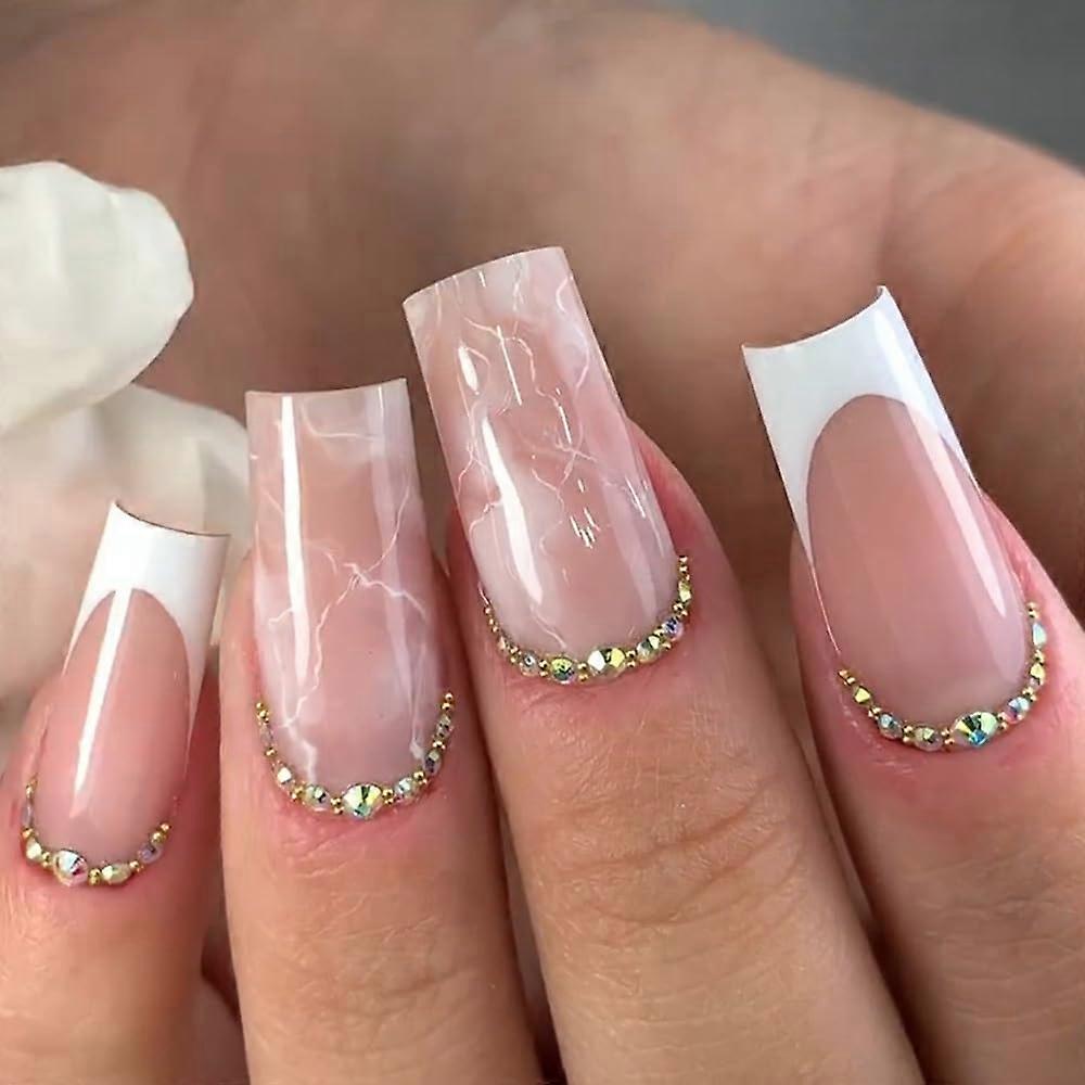 French Tip Press on Nails White Medium Square Pink Marble Acrylic False Nails with Glue 24Pcs