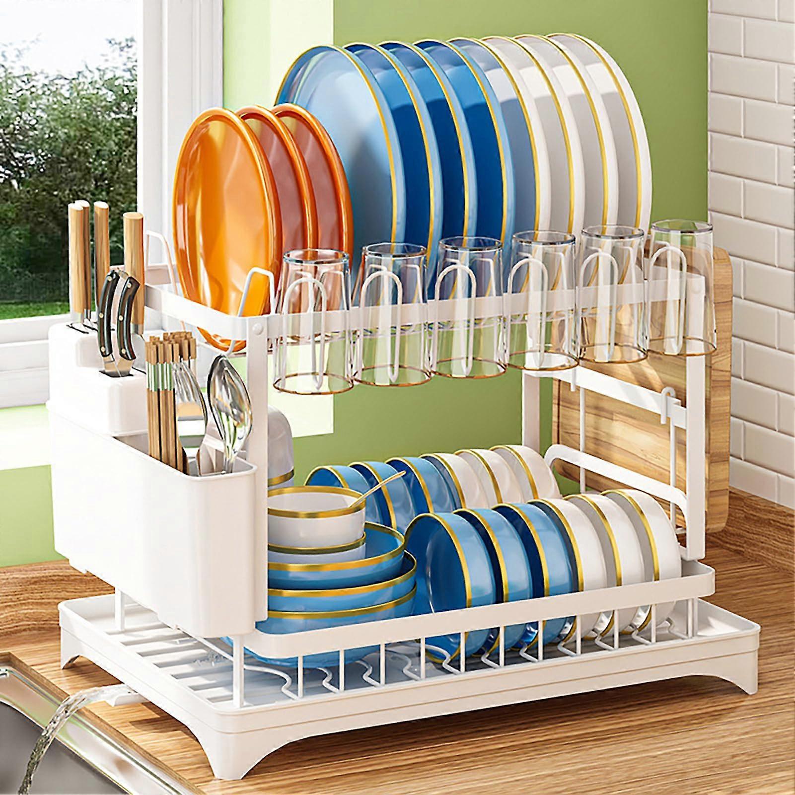 2 Tier Large Capacity Dish Drying Rack with Drainboard for Kitchen Countertop White