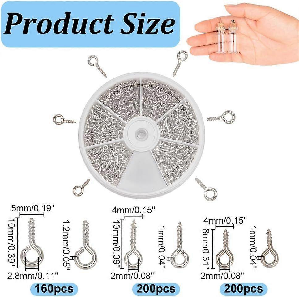 560 Pcs Small Screw Eye Pins, 3 Sizes Platinum Threaded Clasps Hooks Iron Peg
