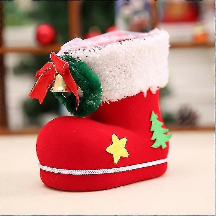 Decoration Pendant Drop Santa Pattern Decoration Flocking Stocking Boot Candy Bag1pcs-red