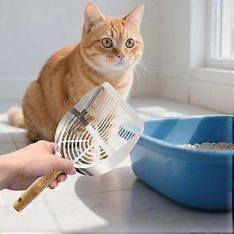 Kattenbakschepje van roestvrij staal met houten handvat, robuust en snelzeefsysteem, dubbele breedte gaten – 1 stuk, zilver