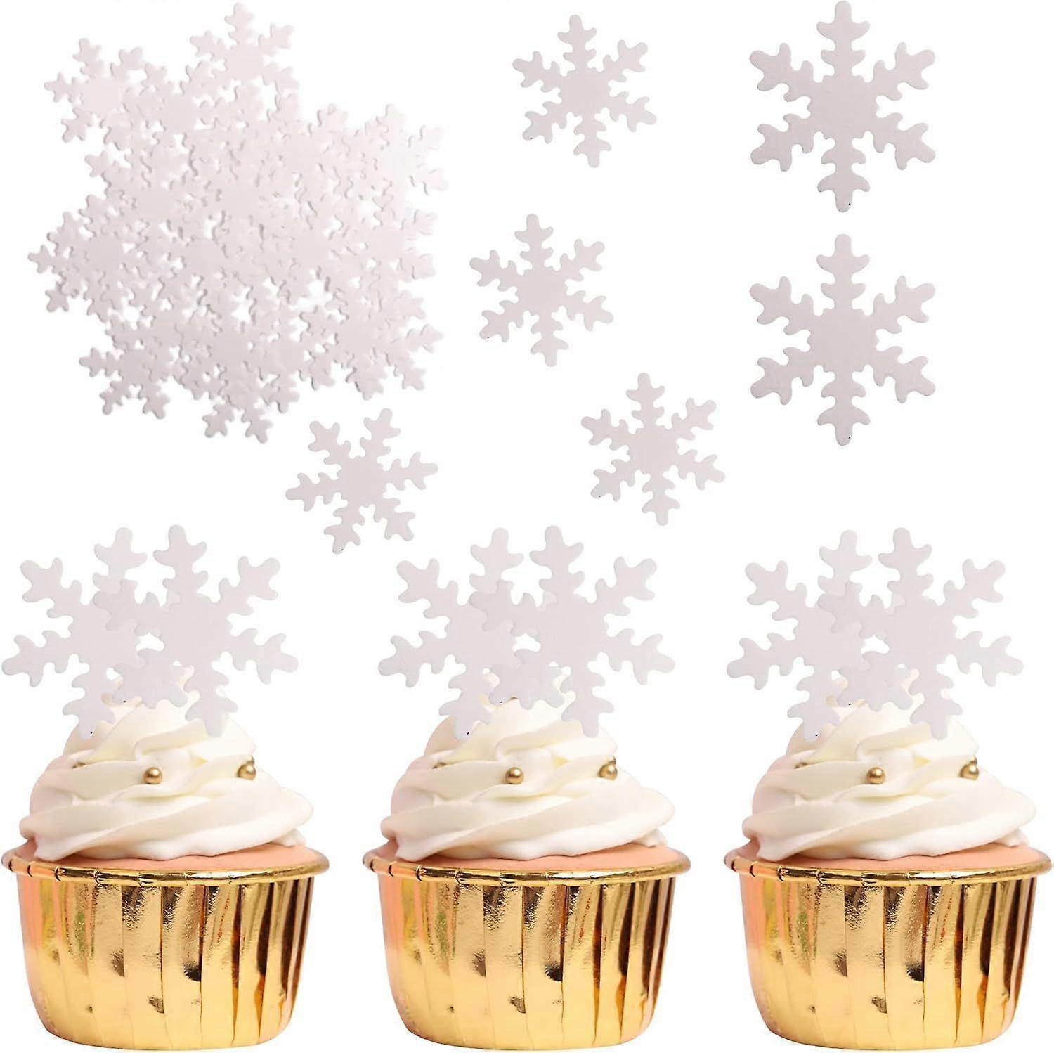 50 Pack Edible Snowflake Cupcake Toppers Snowflake Cake Picks Decorations for Winter Frozen Theme Baby Shower Kids Birthday Party Supplies White  Whit