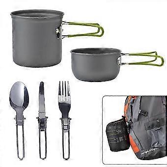 Conjunto de 5 peças de utensílios de cozinha para camping, incluindo panelas e frigideiras leves, ideais para caminhadas, piqueniques e fogueiras ao ar livre.
