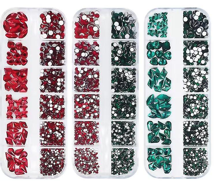 3 Box 12 Grid Mixed Flat Bottom Glass Shaped Drill Diy Design Manicure Tools Red