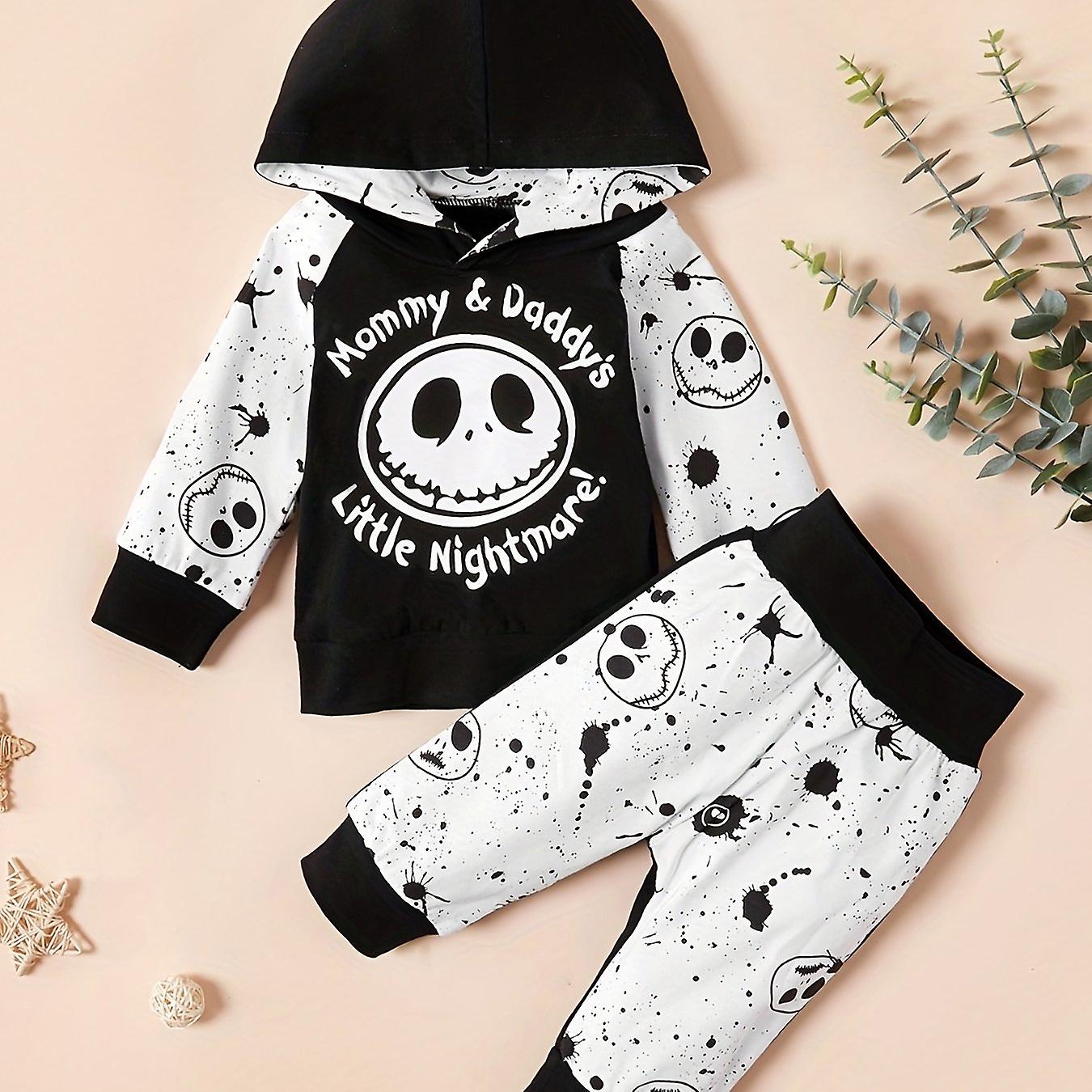 2pcs Baby Boy S Skull Ghost Face Letter Print Halloween Costume - Hoodie & Pants Set