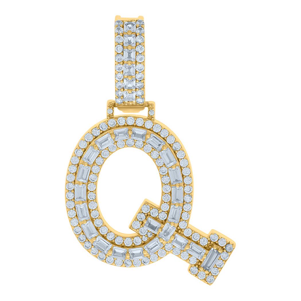 925 Sterling Silver Yellow tone Unisex Cubic Zirconia Letter Name Personalized Monogram Initial Q Alphabet Charm Pendant