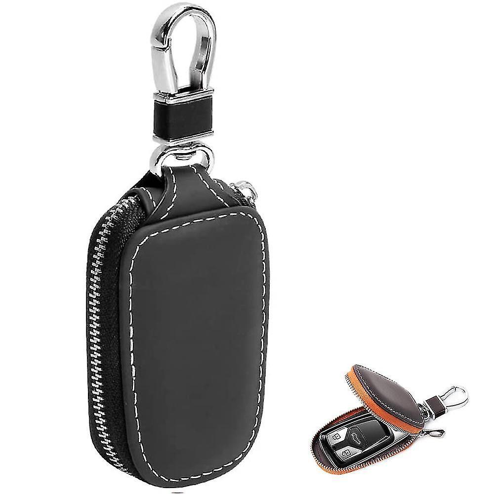 Plain Weave Genuine Leather Key Case - Black