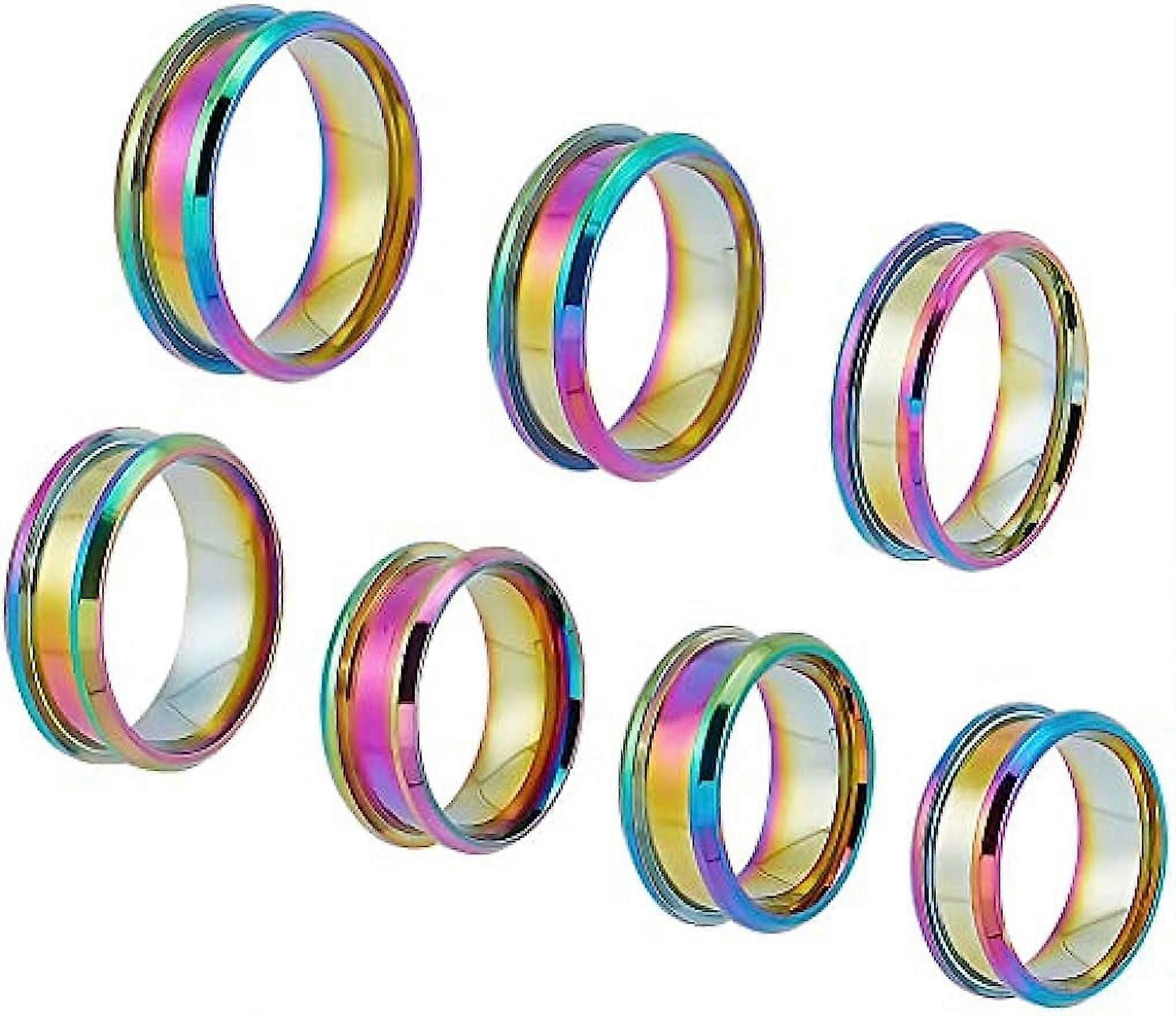 14pcs Rainbow Blank Core Ring Size 6-12 Stainless Steel Grooved Ring Round Empty Ring
