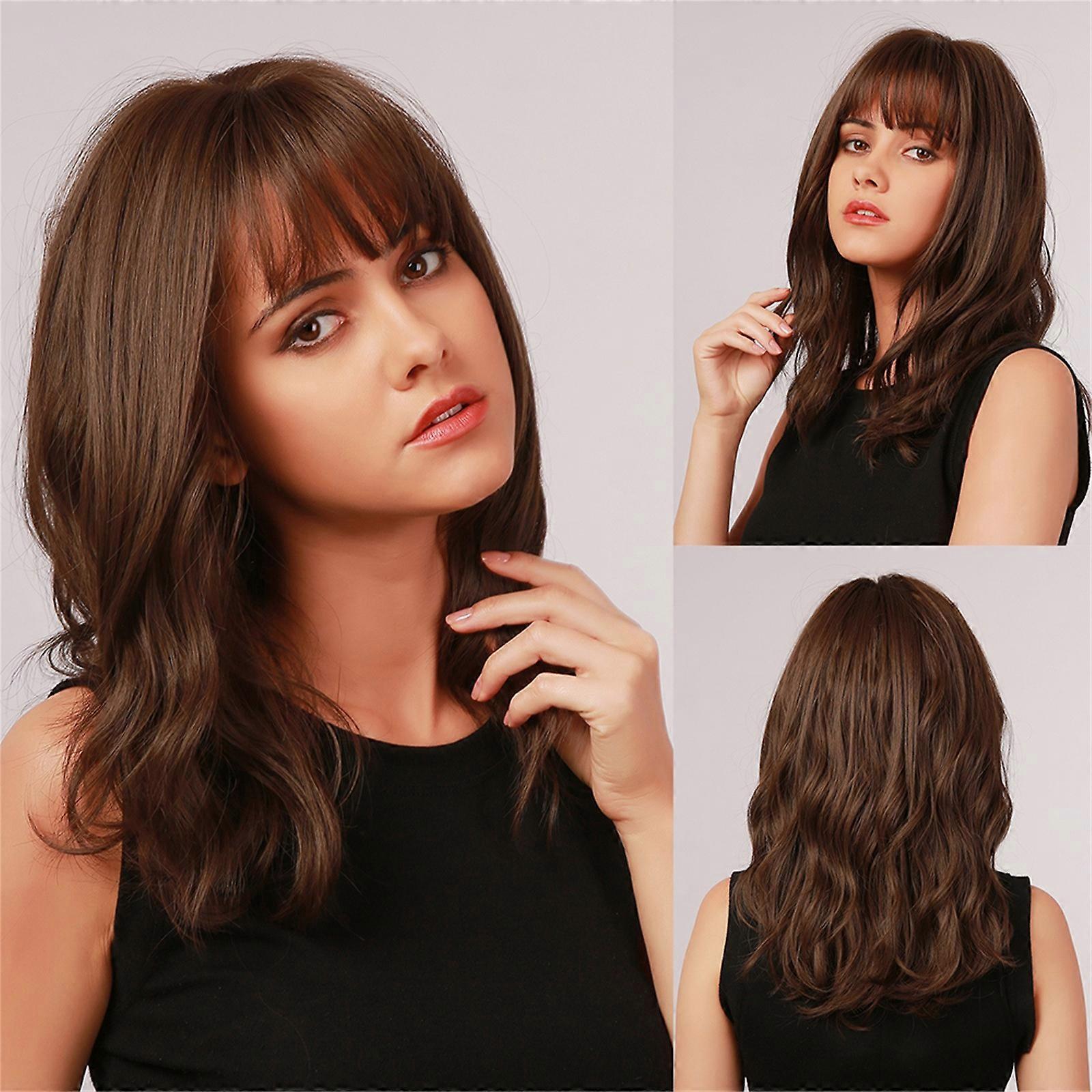 45cm Haute Température Soie Perruque Frange Marron Long Cheveux Bouclés Avec Filet Rose