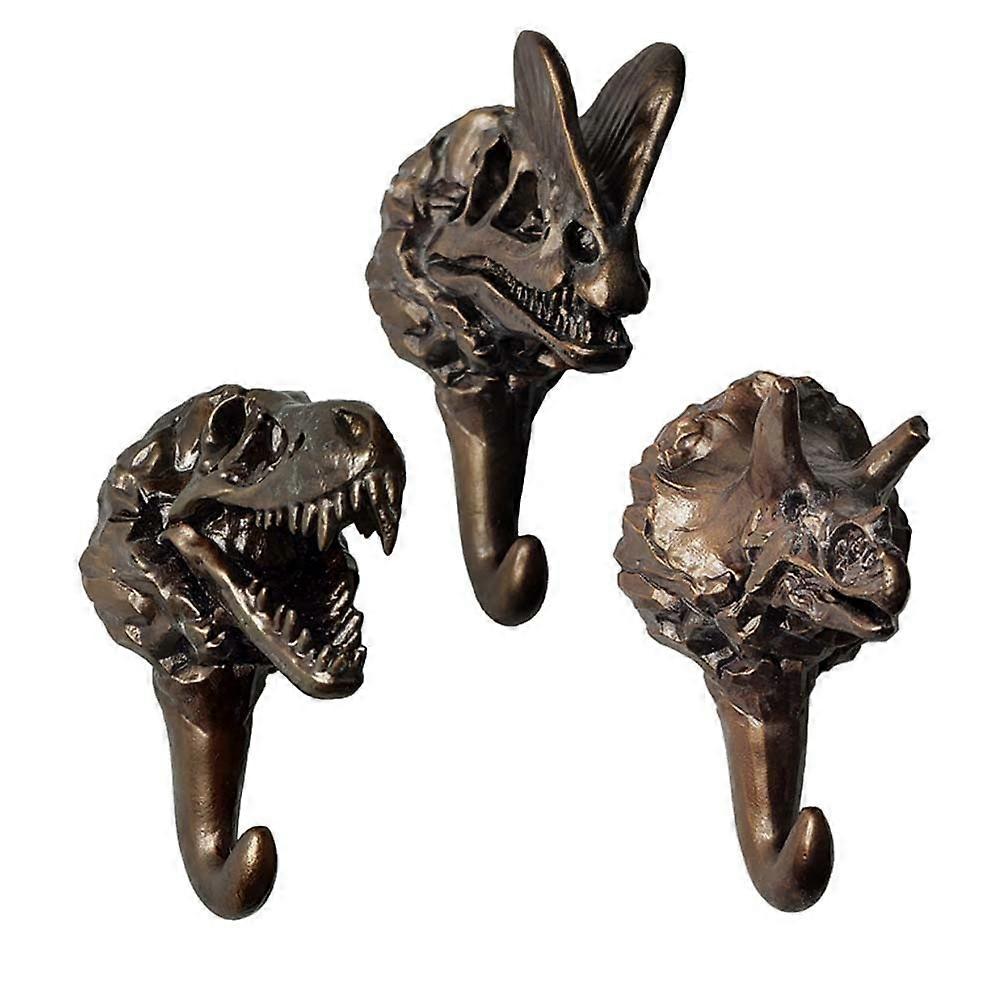3pcs Lifelike Dinosaur Fossils Hooks Resin Wall Hangers Mounted Coat Hooks Heavy Duty,Bronze