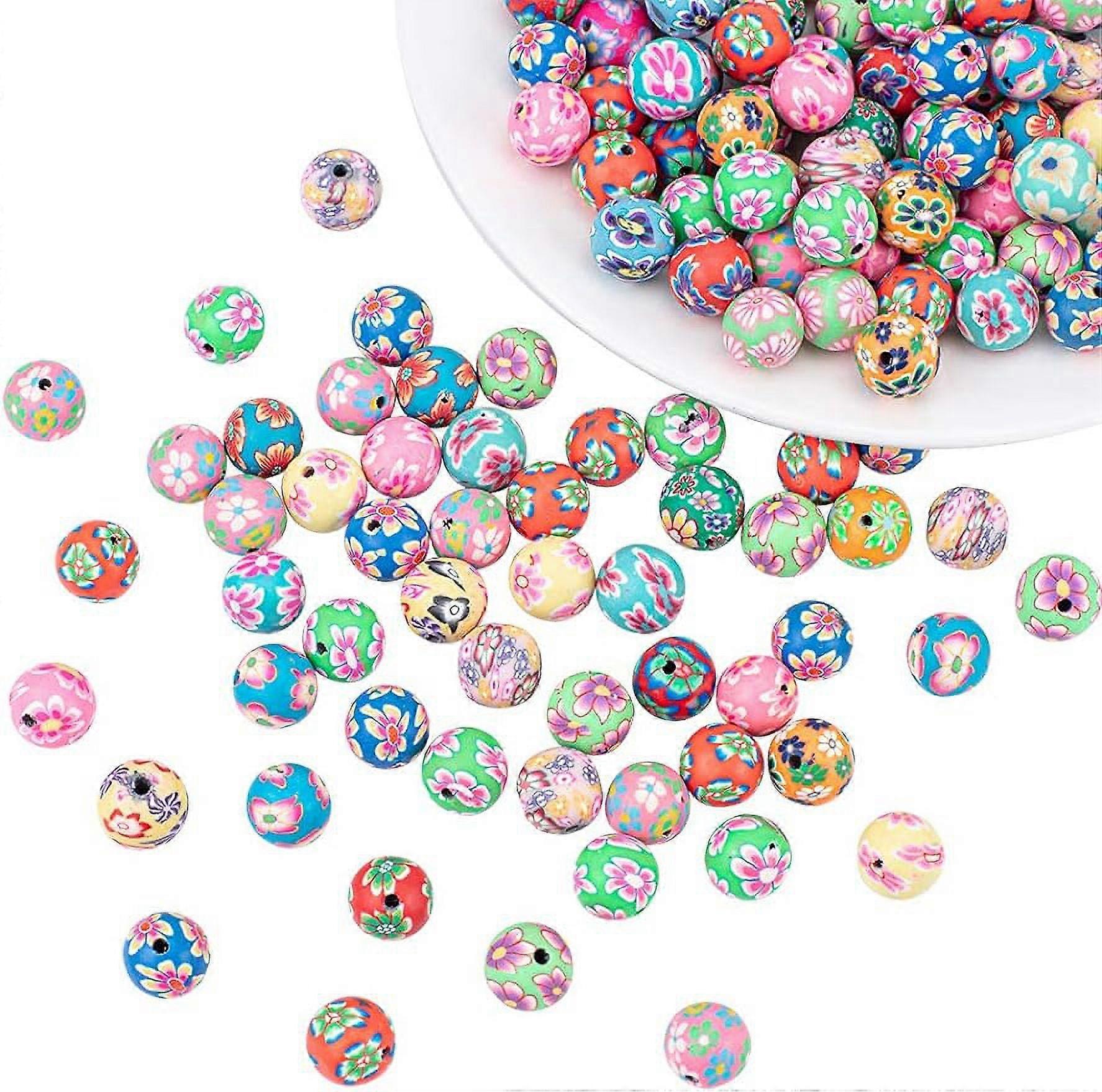 200pcs 12mm Assorted Color Handmade Polymer Clay Round Beads Flower Pattern Spacer Loose Beads for Jewelry Making