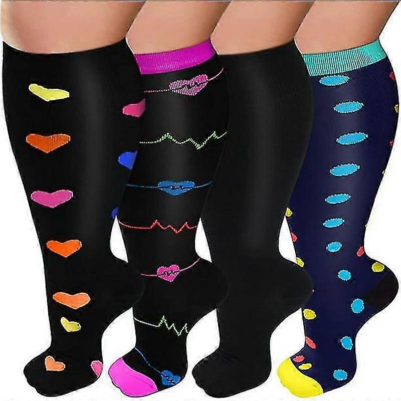 4 pairs of plus size compression socks for women and men, wide calf 20-30mmhg, extra large support socks for nurses