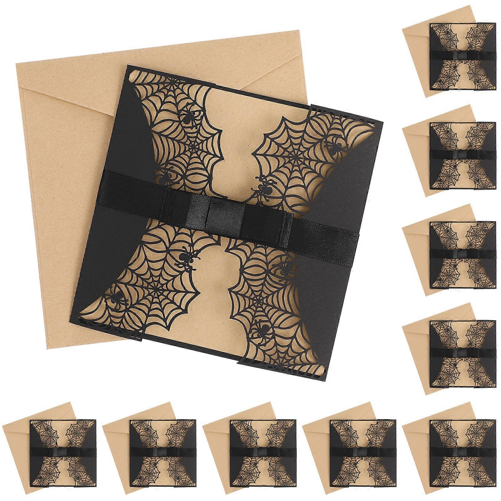 10pcs Creative Cut Halloween Invitations Hollow Horror Party Invitations Cartes Toile D’araignée Design Cartes avec noeuds papillon (Noir)