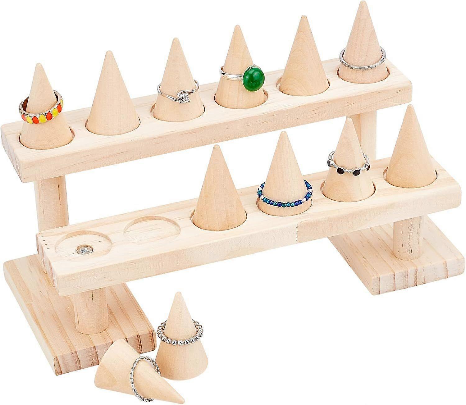 12 Pcs Wood Ring Cone 2 Steps Wood Finger Ring Display Stands Assembled Wood Ring Displays with Screws Wood Retail Ring Showcase Rack Cone Shape Wood