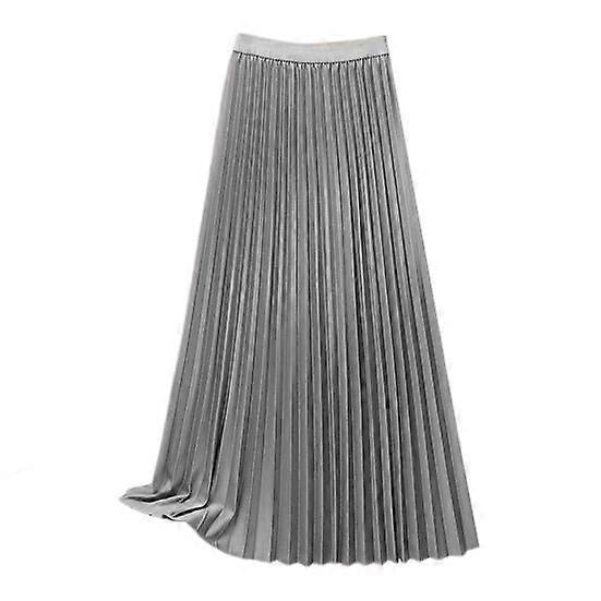 Women Maxi Skirt Elastic High Waist Pleated Skirt Solid Color Smooth Satin A-Line Skirt Work Leisure Wear