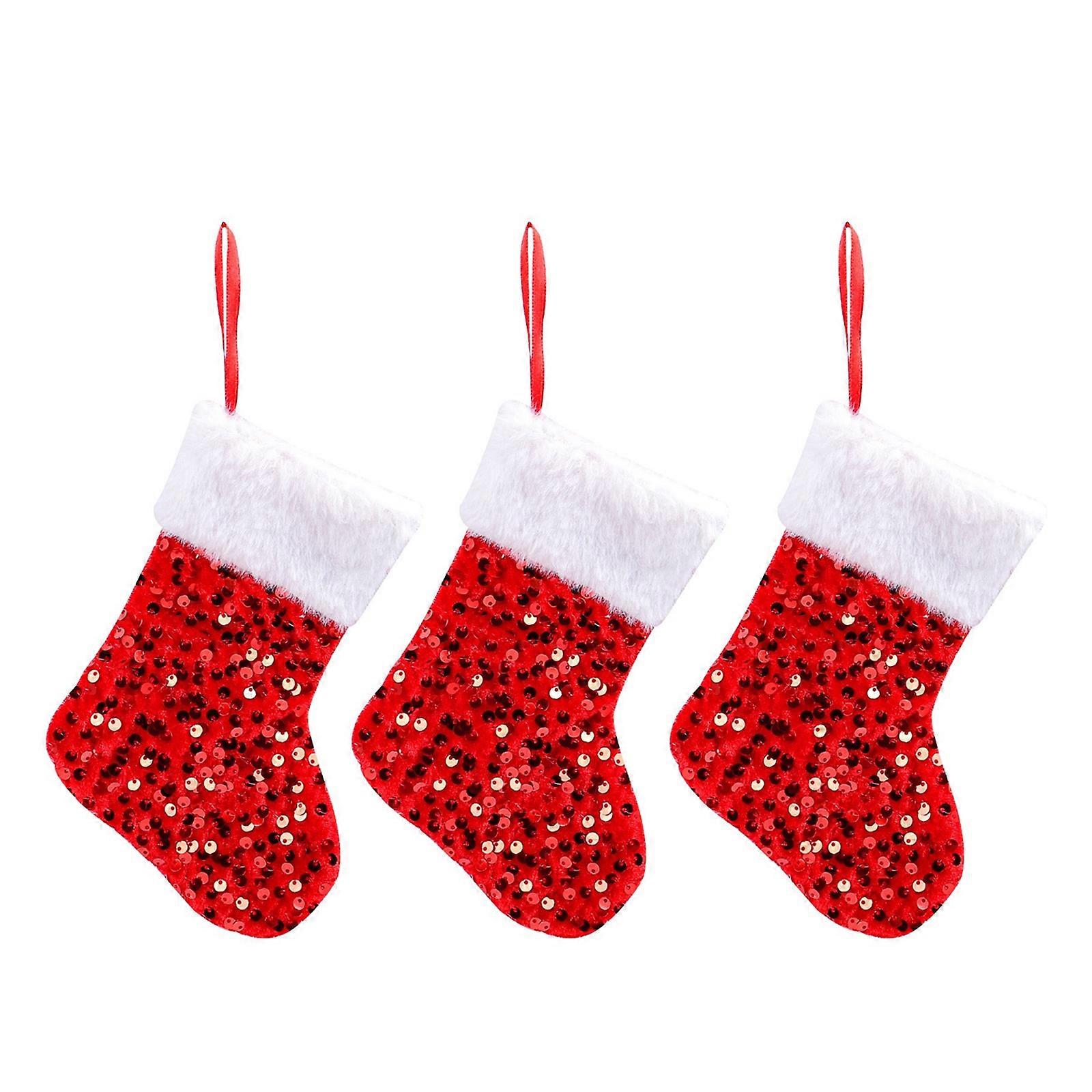Set of 3 Christmas Theme Stocking Handmade Present Bag Sparkling Sequins Sock Elegant Festival Mantels Accessory Red