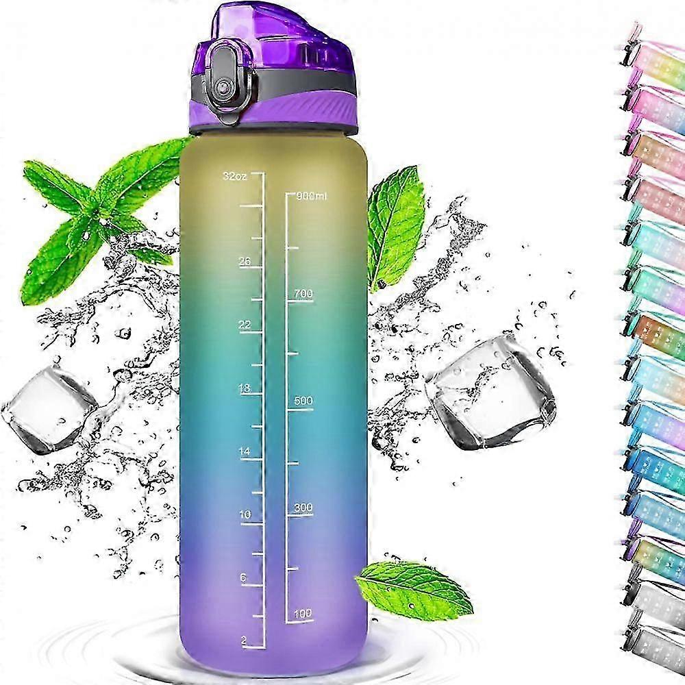 Drinking bottles with straws in yellow, blue and purple.