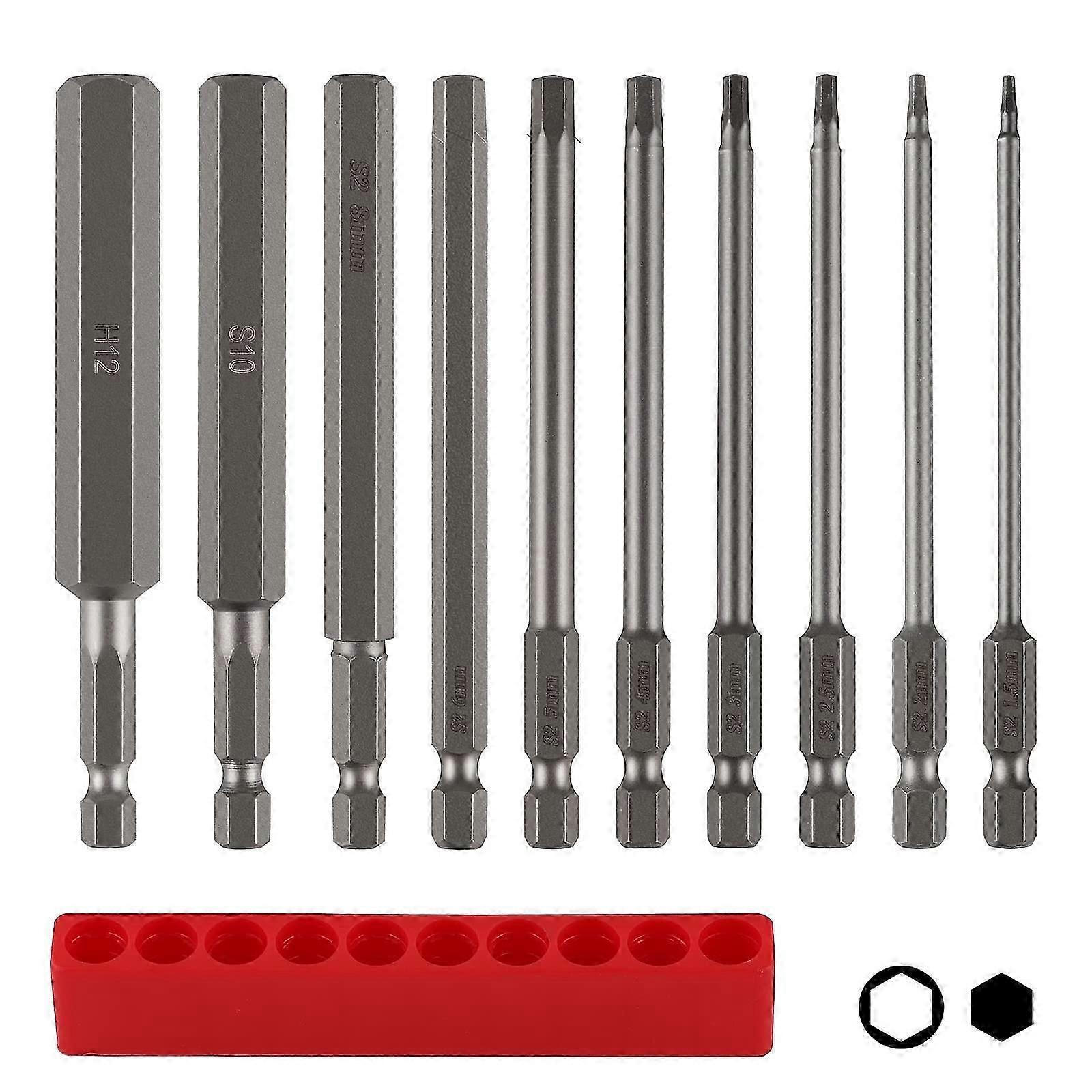 10pcs 100mm Long Hex Bit Set with Bit Storage, S2 H1.5-H12 Hex Shank, Color Metal Allen Key