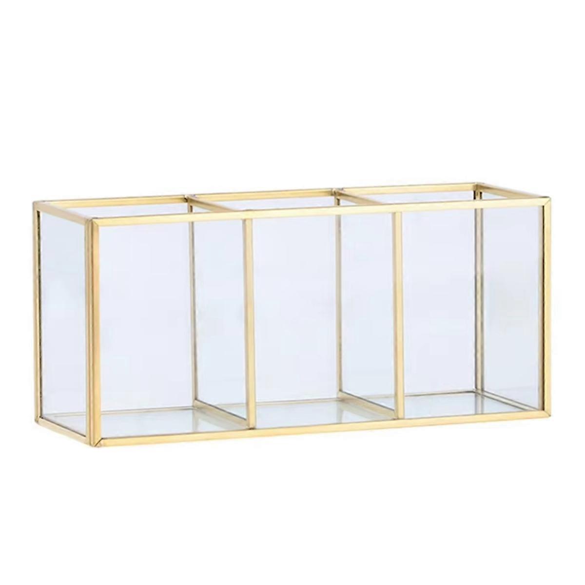 Transparent GlassMakeup Brush Storage Box Gold Cosmetics Container