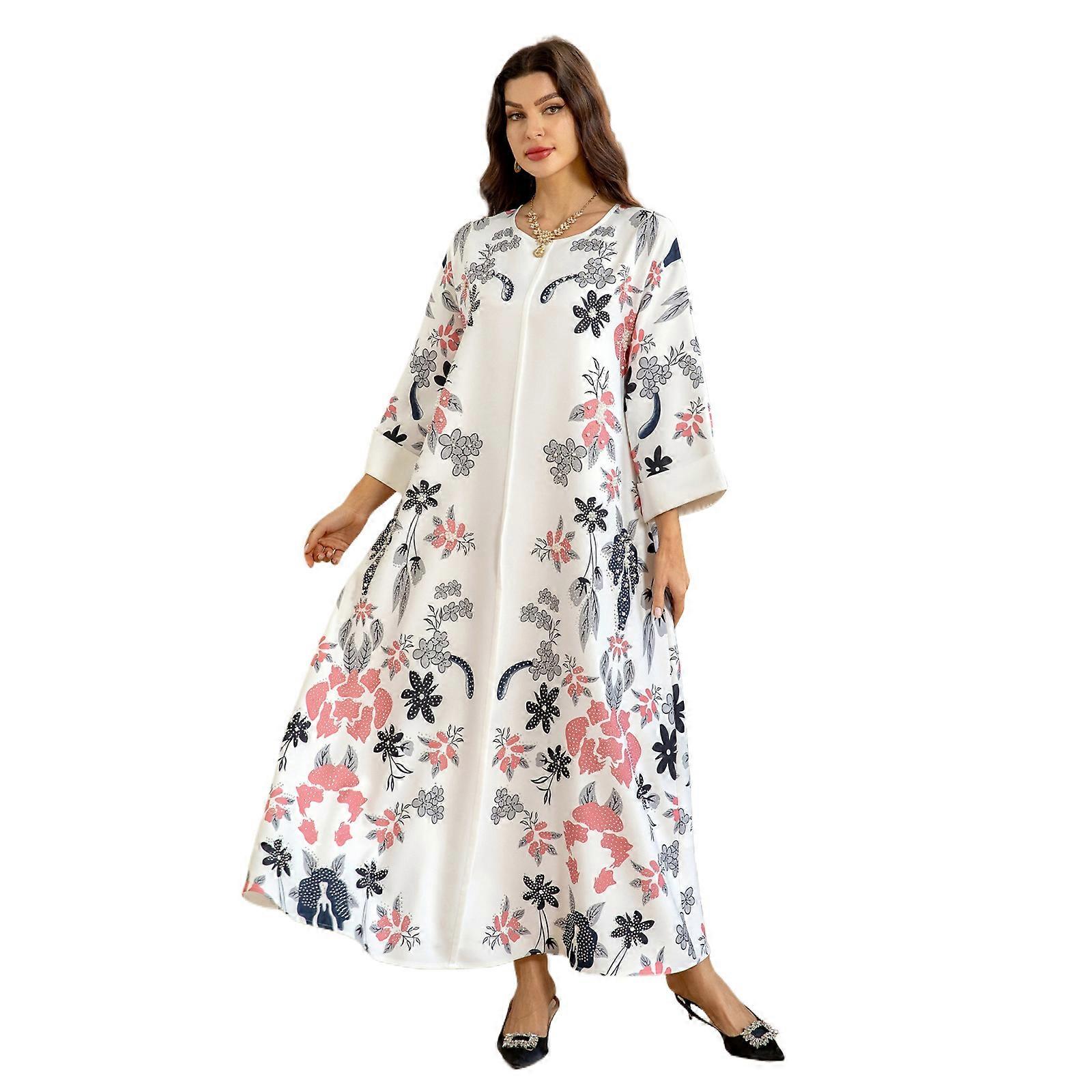 Women Kaftan Dress Rhinestones Pearls Embroidered Print Dress Islamic Robes  Prayer Dress Full Length Kaftan Dress White M