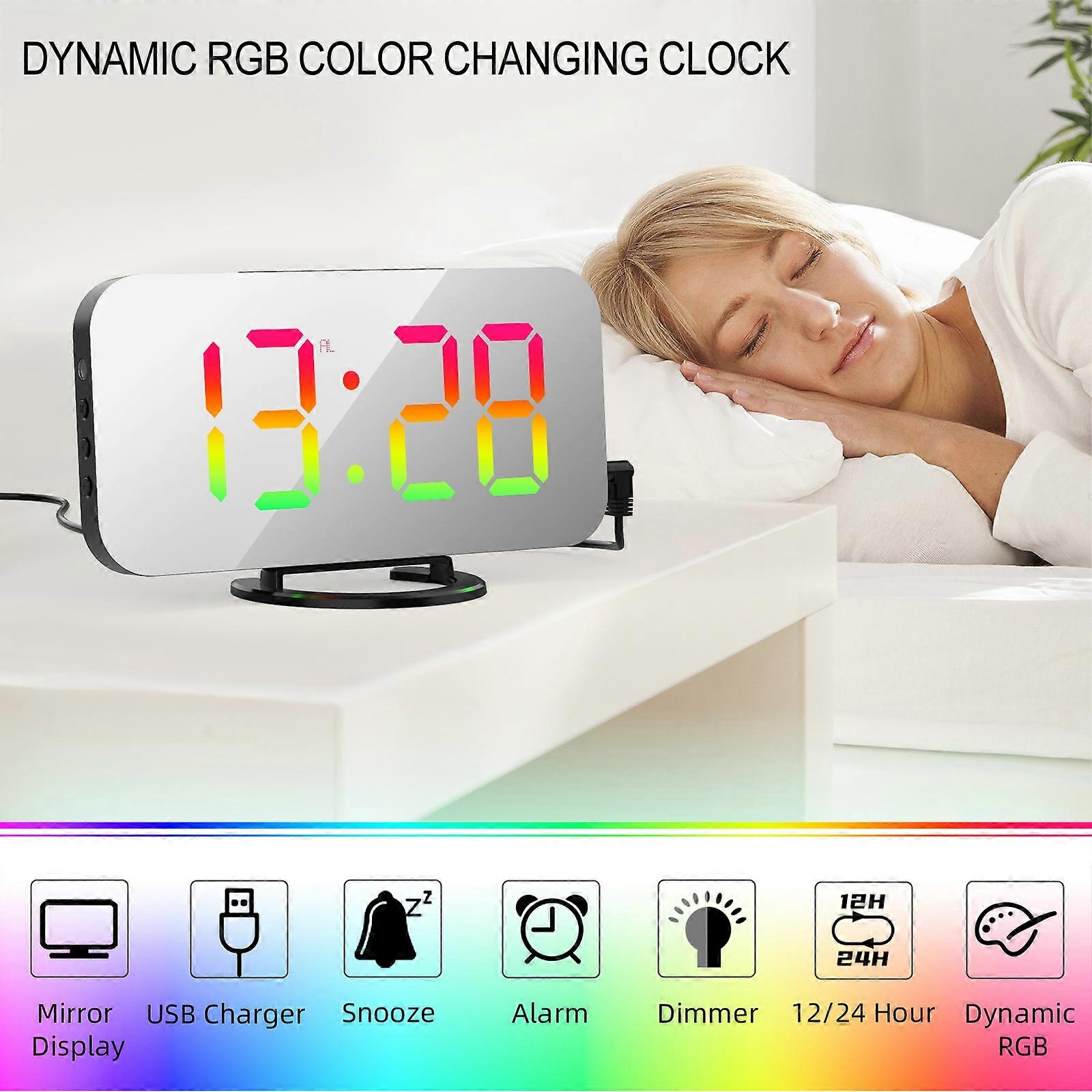 Digital Alarm Clock with Dynamic RGB Light Dimmable Brightness Adjustable Snooze Function USB Charger Port Mirror Clock 12H/24H for Bedroom Home Offi