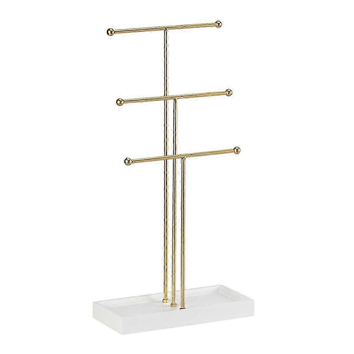 Gold 3Layer TShaped Jewelry Rack Removable Solid Wood Base Ring Storage Box Earring Necklaces Rin