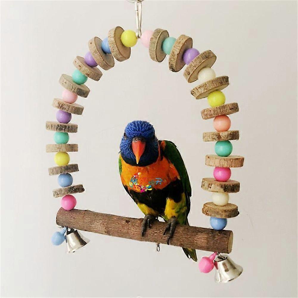 Parrot Swing Toy, Colorful Beads and Bells Equipped Wooden Parrot Swing Toy with Fixed Hook for Parrot