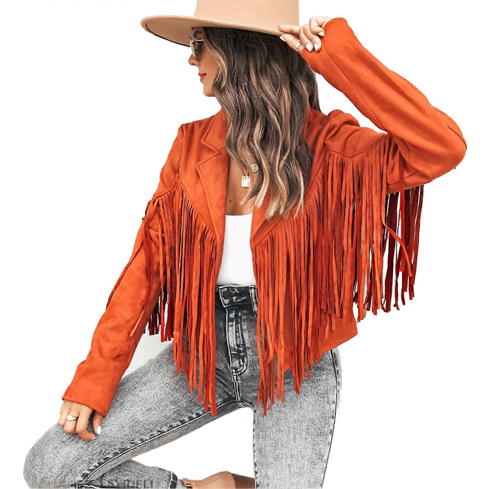 Tassel Trim Suede Texture Outerwear Open Front Turn Down Collar Plain Color Tassel Suede Texture Short Jacket