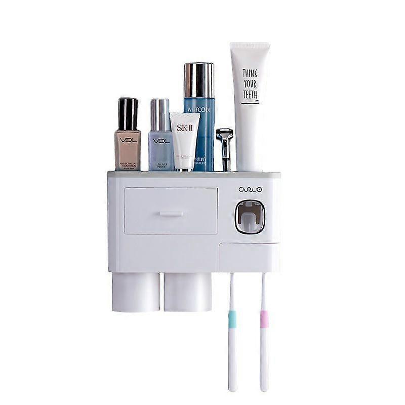 Automatic Toothpaste Dispenser Kit with Gray Wall Mounted Toothbrush Holder / 2 Cup Couple