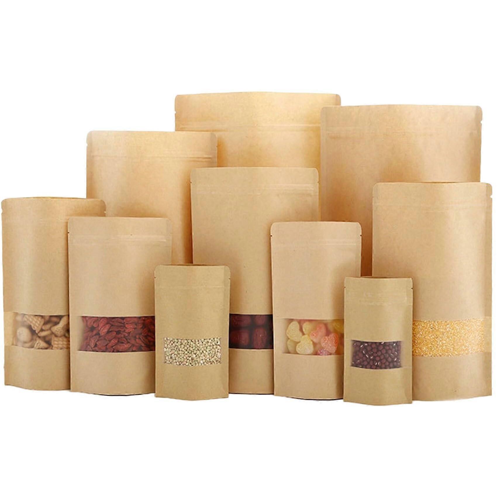 Kraft Paper Window Bags with Zipper Lock 10x14 in - 100 Pack Reusable Stand-Up Bulk Bags