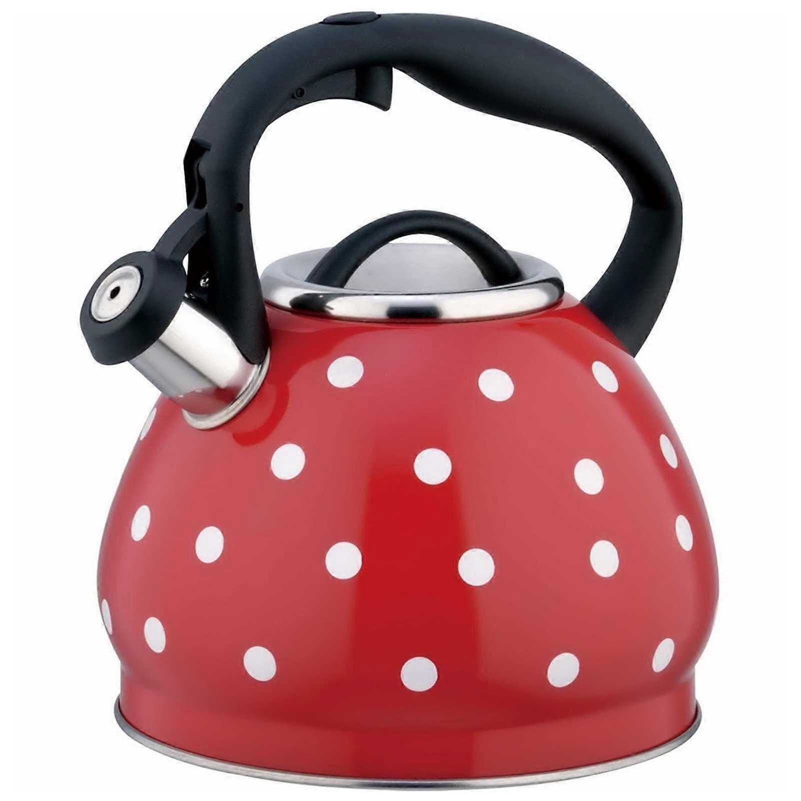 Red Tea Kettle with White Polka Dot for Stove Top, Whistling Stainless Steel Teapot, Vintage Stovetop Whistle Tea Pot