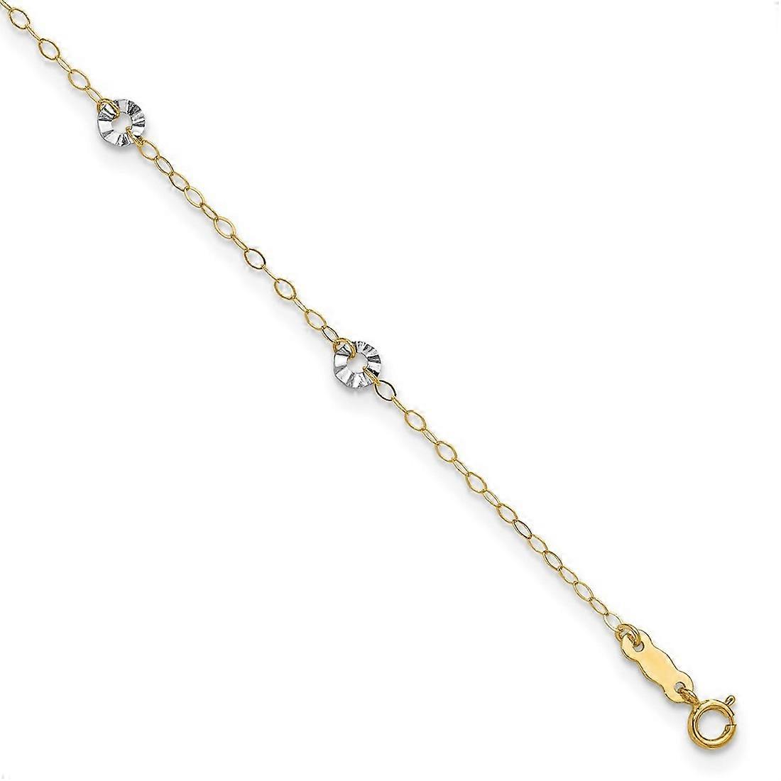 14k Two Tone Polished Spring-Ring Gold Oval Chain With Wavy Circles With 1in Ext Anklet 9 Inch-Anklet for Women and Men