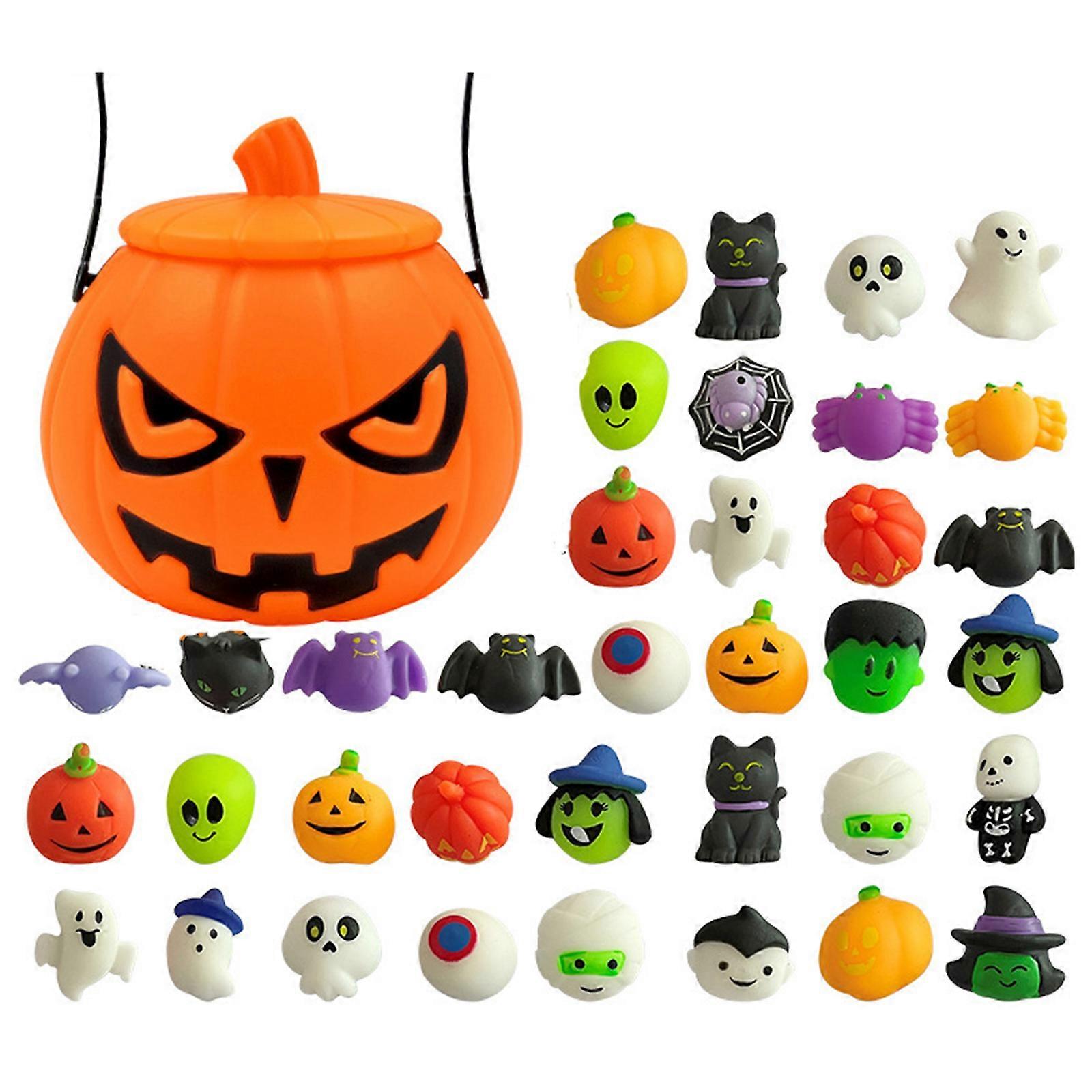 Halloween Party Favors Assortment Miniature Mochi Squeeze Toy with Glowing Effect and Pumpkins Container for Treat