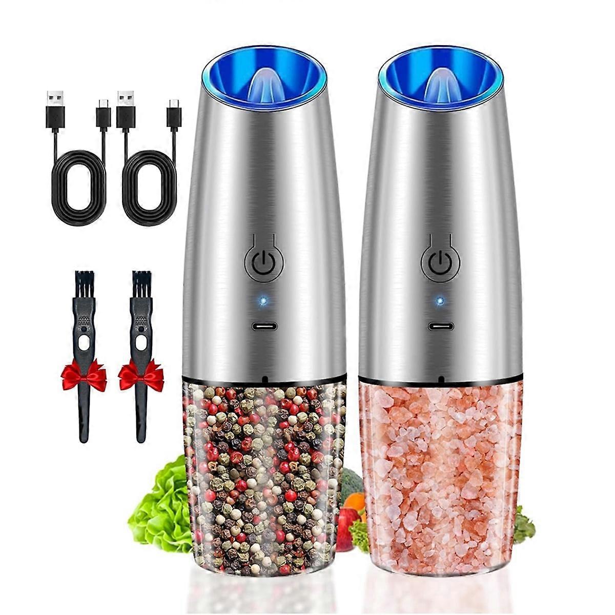 2PCS Electric Salt and Pepper Grinder Set USB Rechargeable with LED Light Automatic Spice Grinders