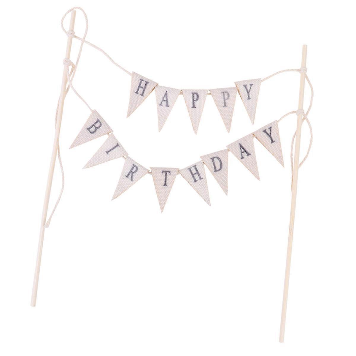 Bamboo Happy Birthday Cake Topper Banner for and Flower Bouquets 1Set