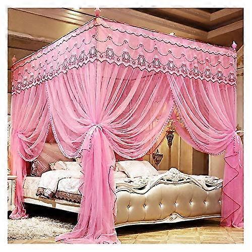 Canopy bed with 4 posts, mosquito net, square, pink (150x200x200cm)