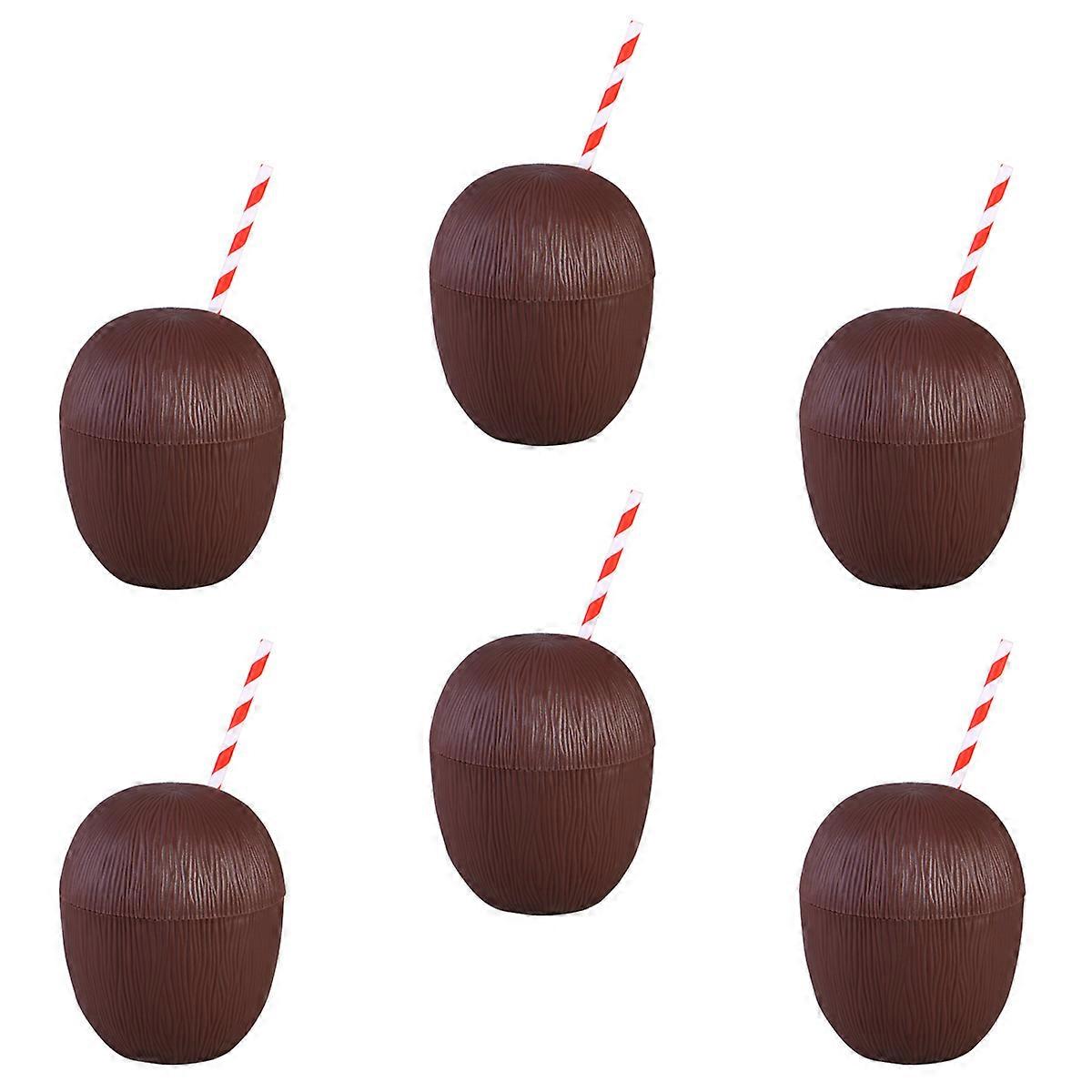 Tropical Party Tumbler Coconut Drink Cups 6Pcs Set for Luau Beach Theme Party Brown with Random Color Straw Odourless and Nontoxic