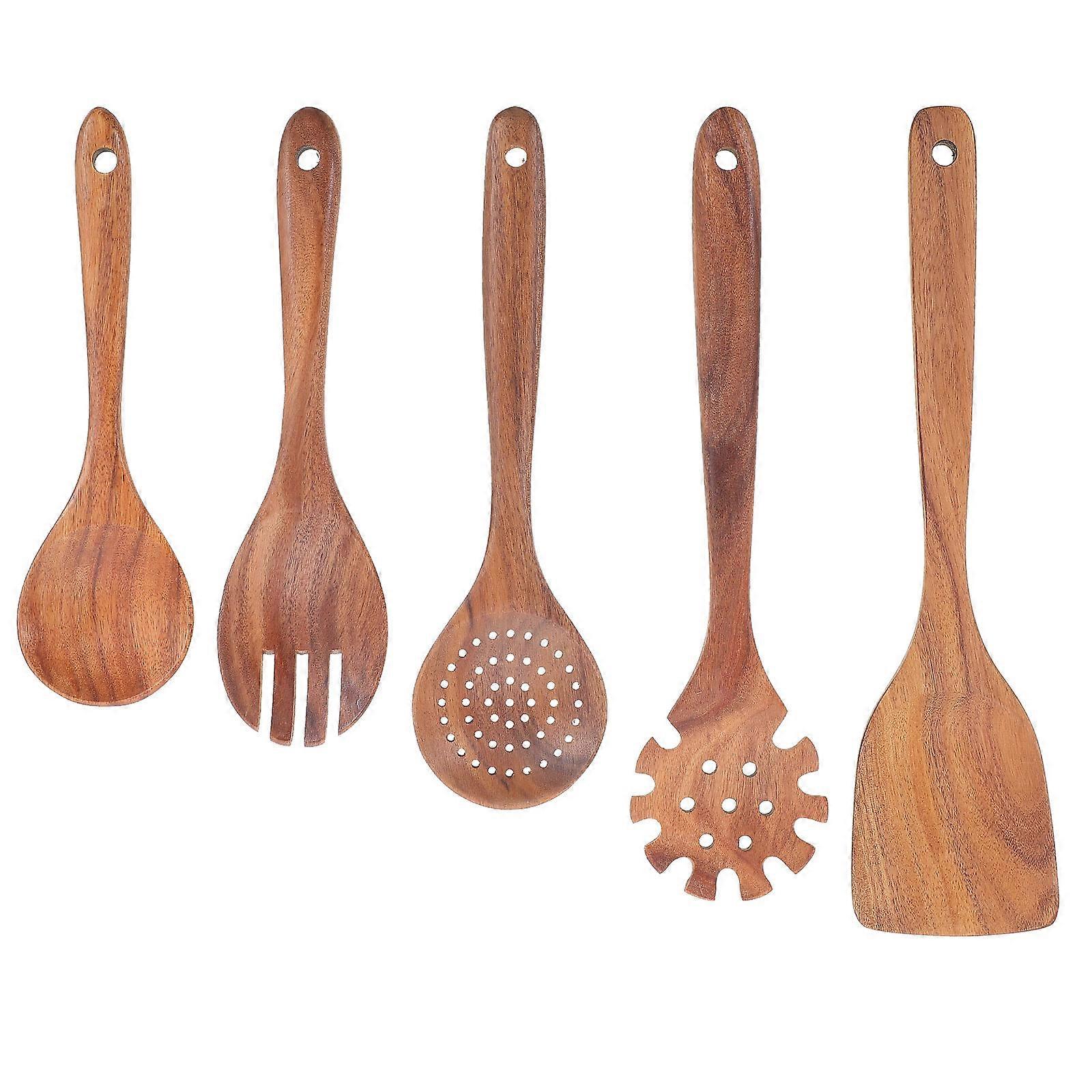 Kitchen Cooking Utensils Set Wooden Spoon Rice Spoon Pancake Turner For Everyday Tasks 32x8cm Heat Insulation 5Pcs