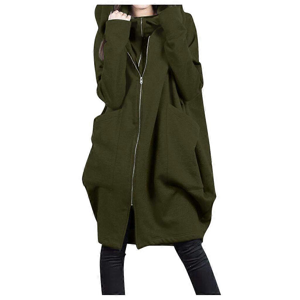 Winter Coat with Pockets, Solid Color Elegant Long Coat, M Army Green